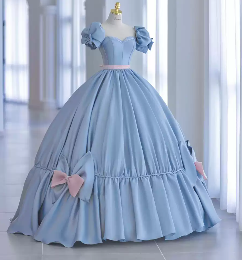 Graceful Sweetheart Blue Prom Dress With Detachable Sleeves Bows A-Line Evening Dress C8993