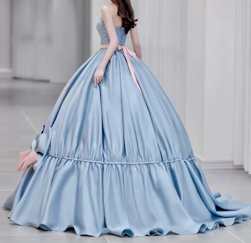 Graceful Sweetheart Blue Prom Dress With Detachable Sleeves Bows A-Line Evening Dress C8993