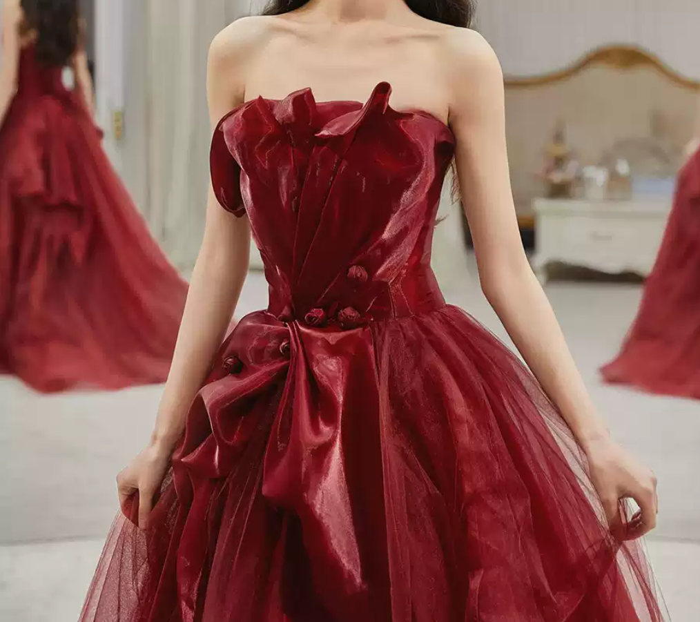 Lovely Strapless Red Prom Dress Satin Tulle A-Line Evening Dress C8996