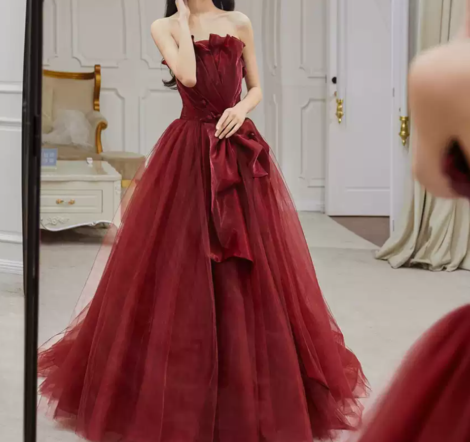 Lovely Strapless Red Prom Dress Satin Tulle A-Line Evening Dress C8996