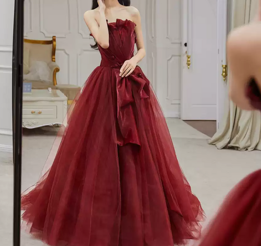Robe de bal de princesse bustier à volants en satin long, robe de soirée C8117
