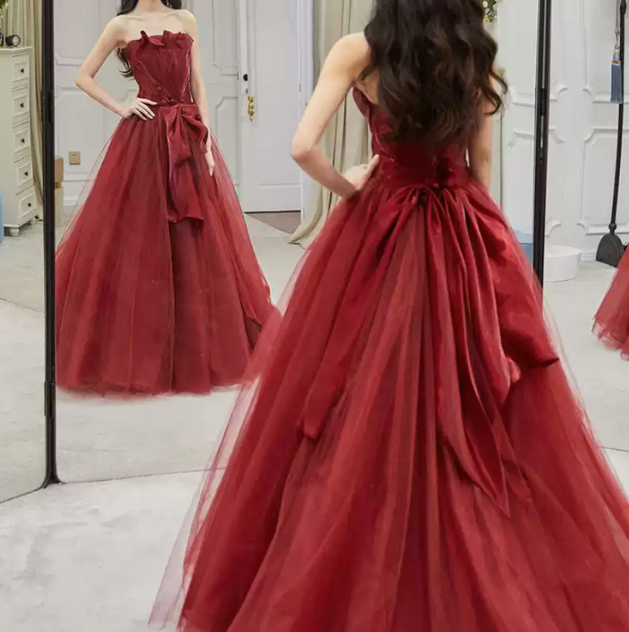 Lovely Strapless Red Prom Dress Satin Tulle A-Line Evening Dress C8996