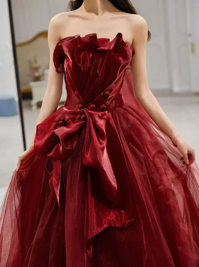 Lovely Strapless Red Prom Dress Satin Tulle A-Line Evening Dress C8996