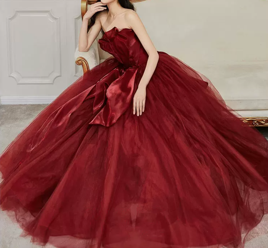 Lovely Strapless Red Prom Dress Satin Tulle A-Line Evening Dress C8996