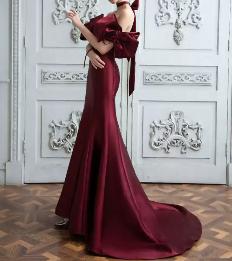 Retro Off-Shoulder Burgundy Prom Dress Bows Mermaid Evening Dress C8997