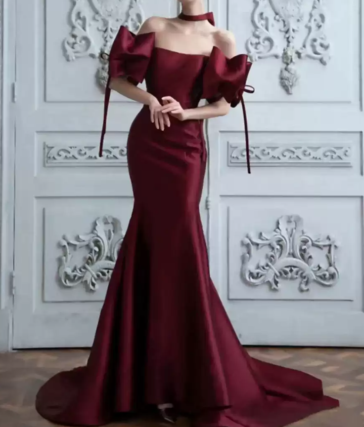 Retro Off-Shoulder Burgundy Prom Dress Bows Mermaid Evening Dress C8997