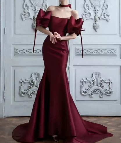 Retro Off-Shoulder Burgundy Prom Dress Bows Mermaid Evening Dress C8997
