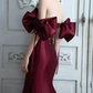 Retro Off-Shoulder Burgundy Prom Dress Bows Mermaid Evening Dress C8997