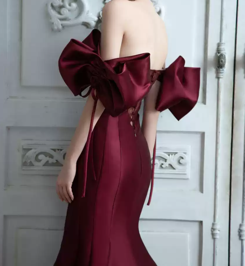 Retro Off-Shoulder Burgundy Prom Dress Bows Mermaid Evening Dress C8997