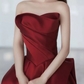 Sleek Strapless Burgundy Prom Dress Satin A-Line Evening Dress C8998