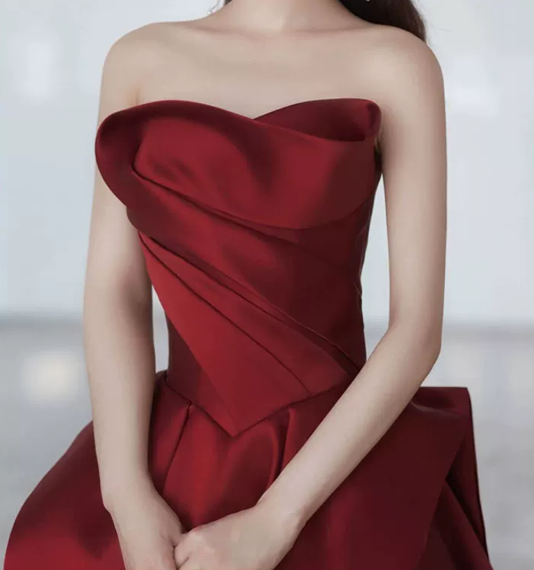 Sleek Strapless Burgundy Prom Dress Satin A-Line Evening Dress C8998