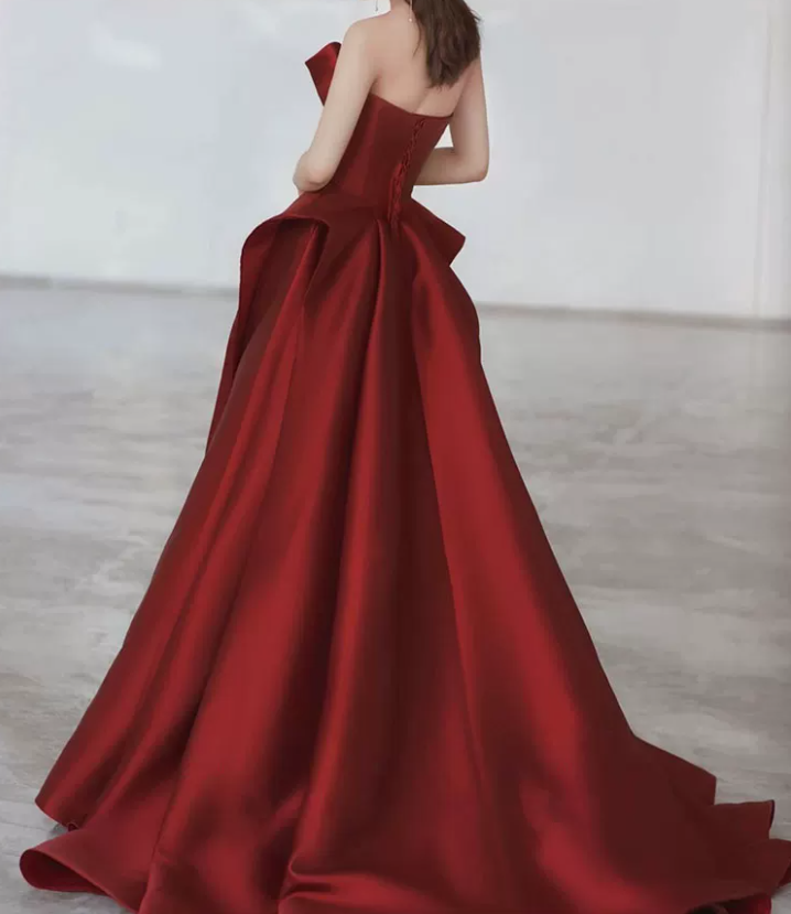 Sleek Strapless Burgundy Prom Dress Satin A-Line Evening Dress C8998