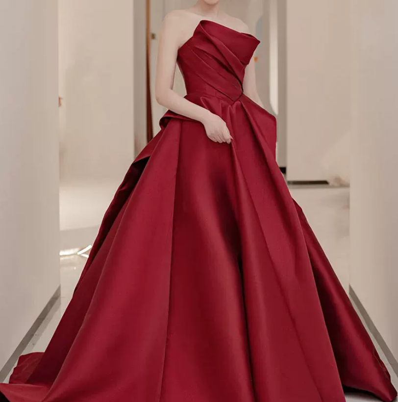 Sleek Strapless Burgundy Prom Dress Satin A-Line Evening Dress C8998