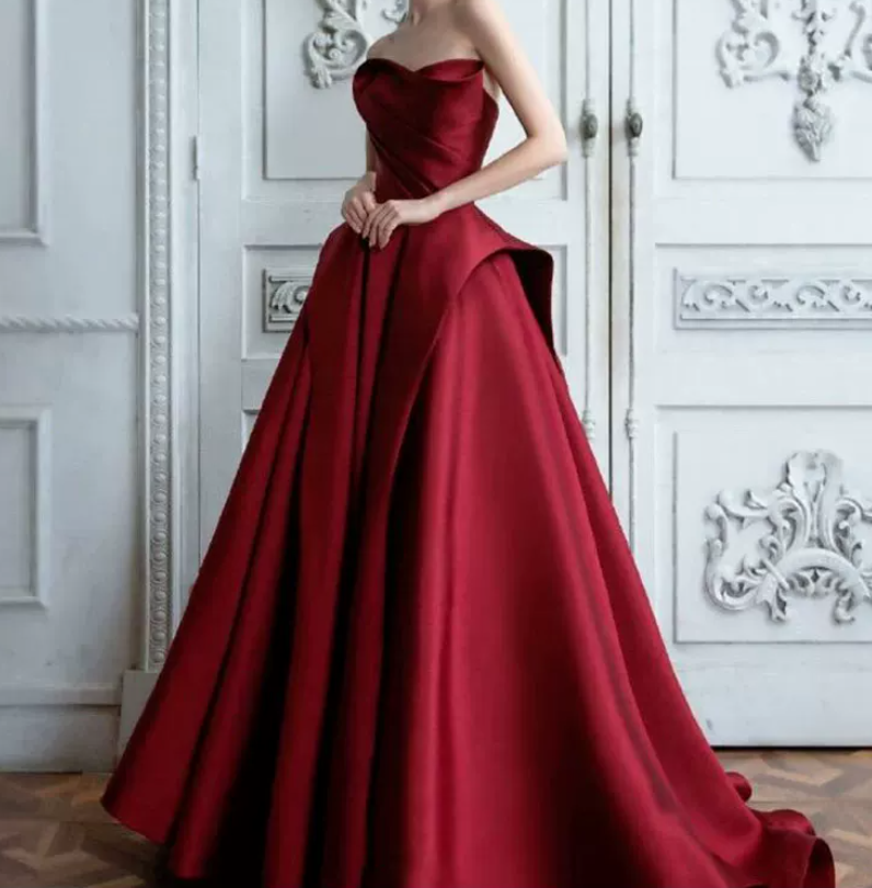 Sleek Strapless Burgundy Prom Dress Satin A-Line Evening Dress C8998
