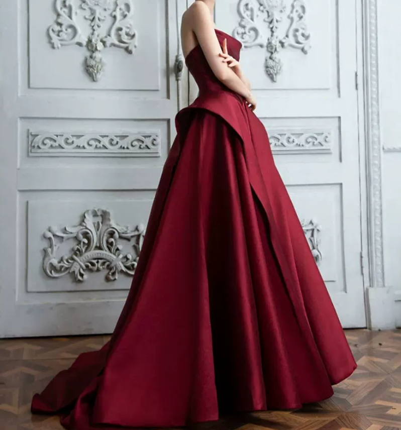 Sleek Strapless Burgundy Prom Dress Satin A-Line Evening Dress C8998