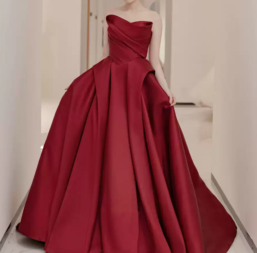 Sleek Strapless Burgundy Prom Dress Satin A-Line Evening Dress C8998