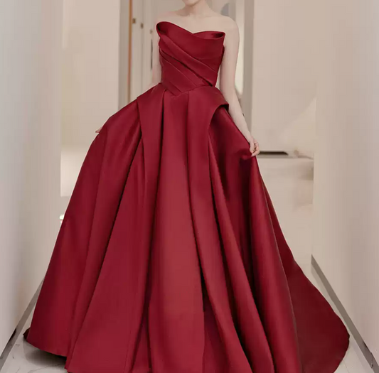 Sleek Strapless Burgundy Prom Dress Satin A-Line Evening Dress C8998