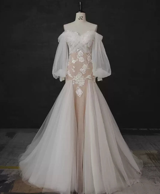 Superbe robe de mariée sirène bustier en satin et tulle, longue et en dentelle, C4563
