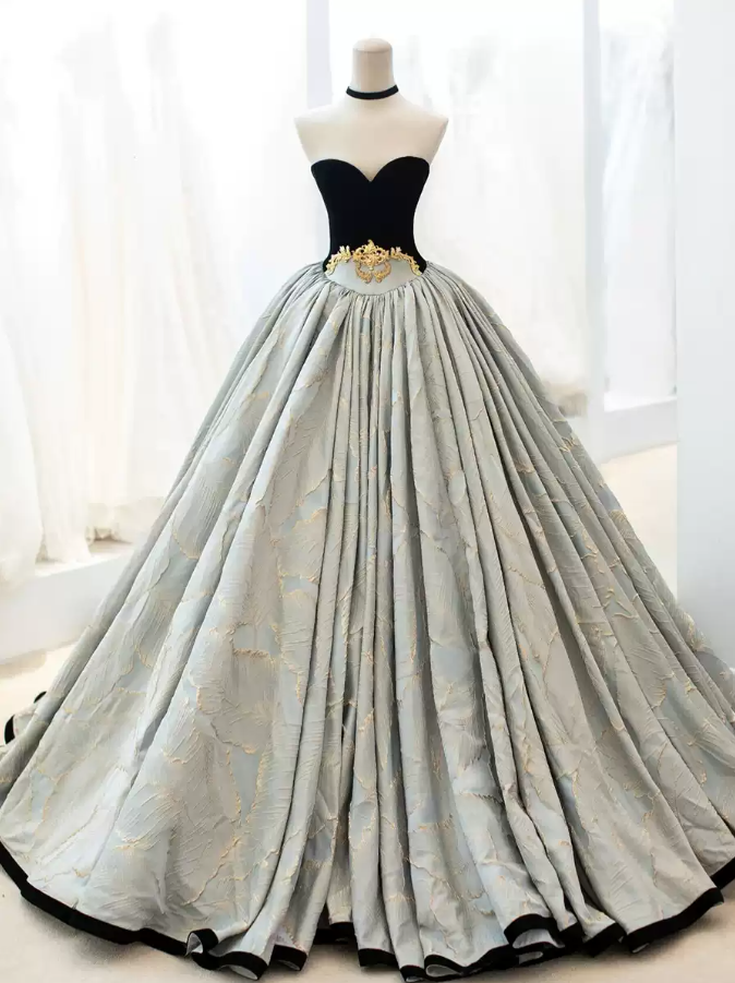 Ornate Strapless Black Bodice Prom Dress Jacquard Satin A-Line Evening Dress C9002