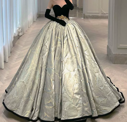 Ornate Strapless Black Bodice Prom Dress Jacquard Satin A-Line Evening Dress C9002
