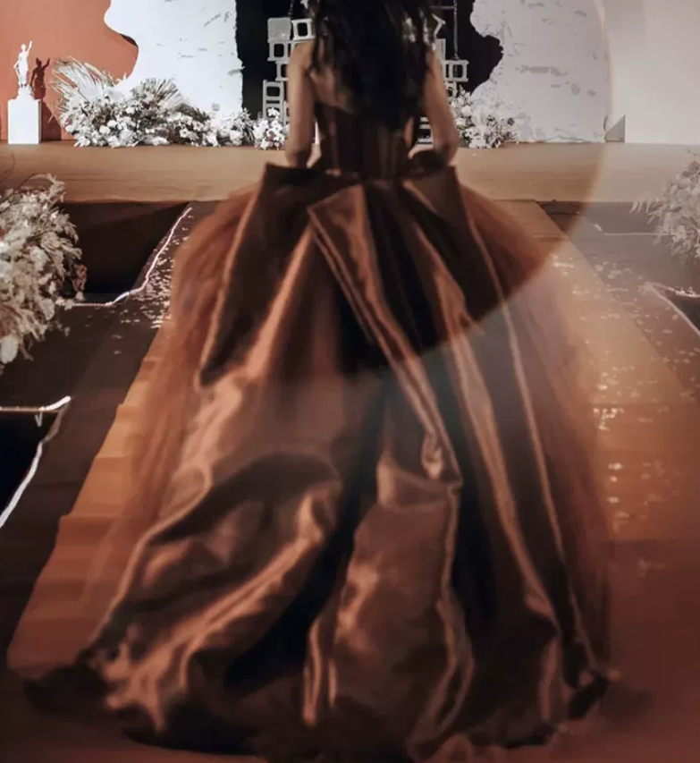 Classical Strapless Brown Prom Dress Satin Tulle A-Line Evening Dress C9004