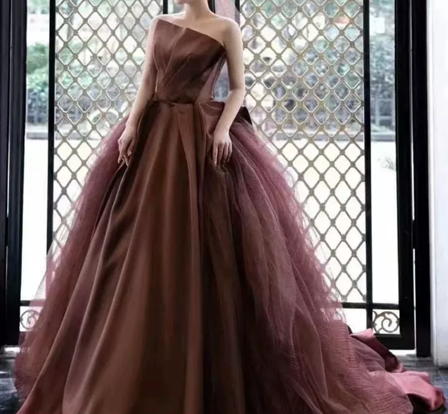 Classical Strapless Brown Prom Dress Satin Tulle A-Line Evening Dress C9004
