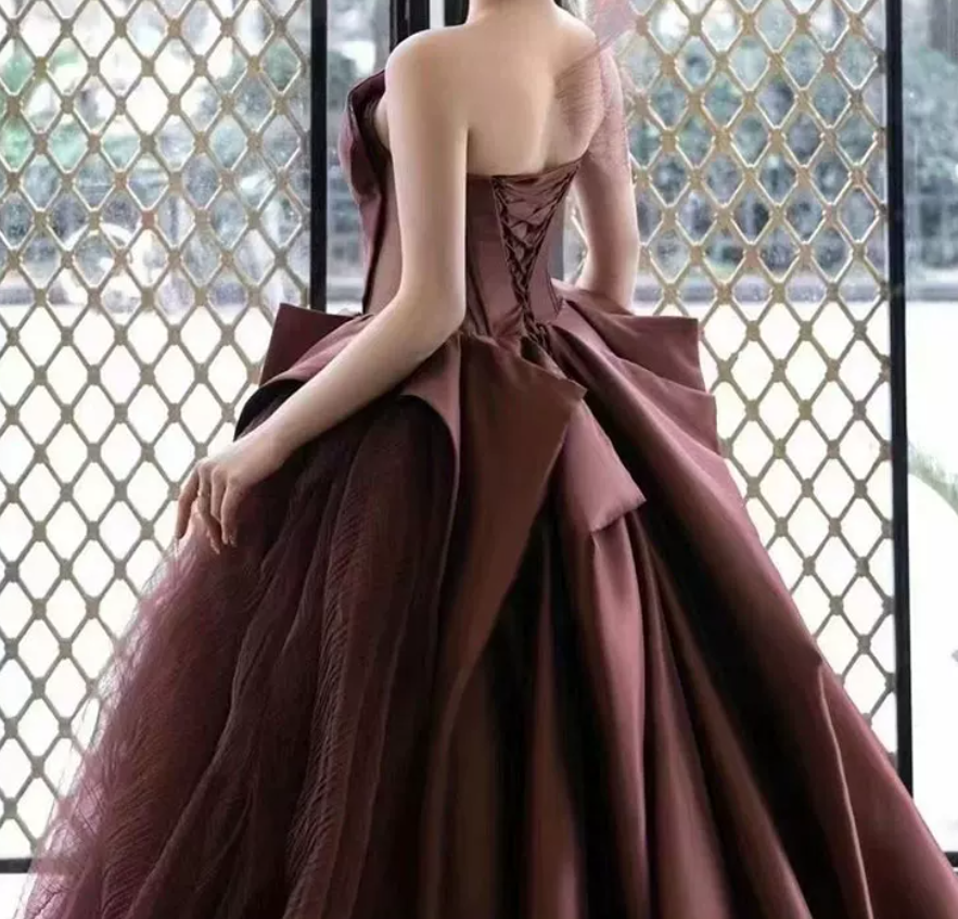 Classical Strapless Brown Prom Dress Satin Tulle A-Line Evening Dress C9004