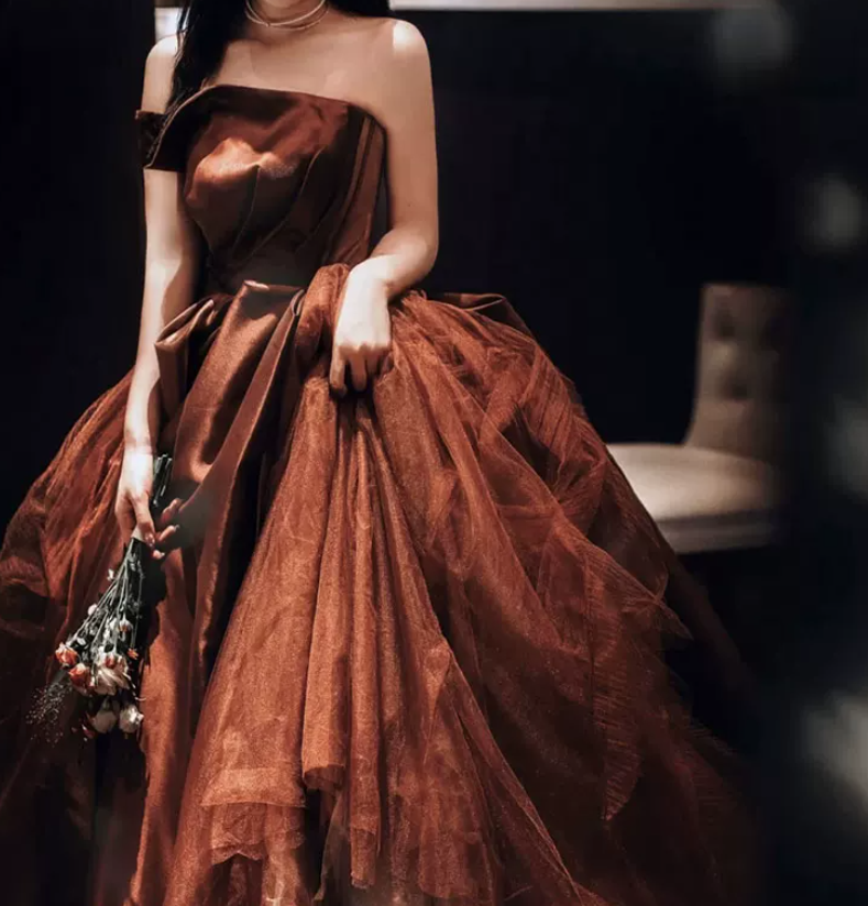 Classical Strapless Brown Prom Dress Satin Tulle A-Line Evening Dress C9004