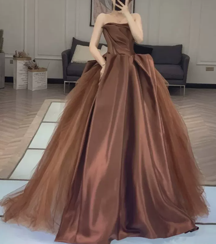 Classical Strapless Brown Prom Dress Satin Tulle A-Line Evening Dress C9004