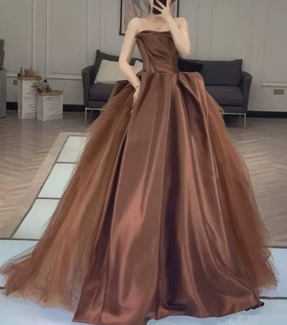 Classical Strapless Brown Prom Dress Satin Tulle A-Line Evening Dress C9004