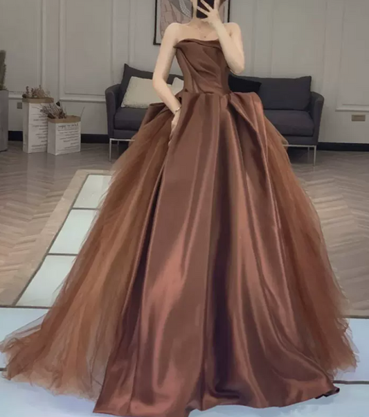 Classical Strapless Brown Prom Dress Satin Tulle A-Line Evening Dress C9004