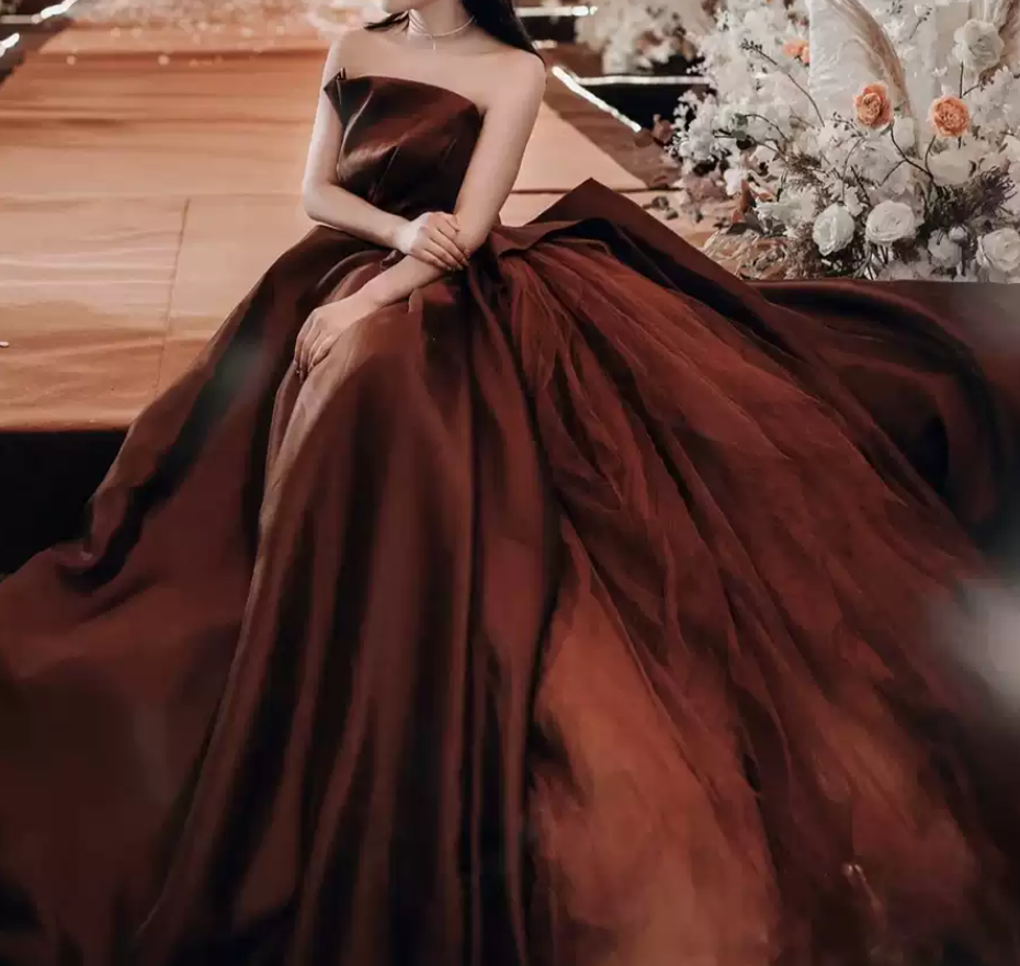 Classical Strapless Brown Prom Dress Satin Tulle A-Line Evening Dress C9004