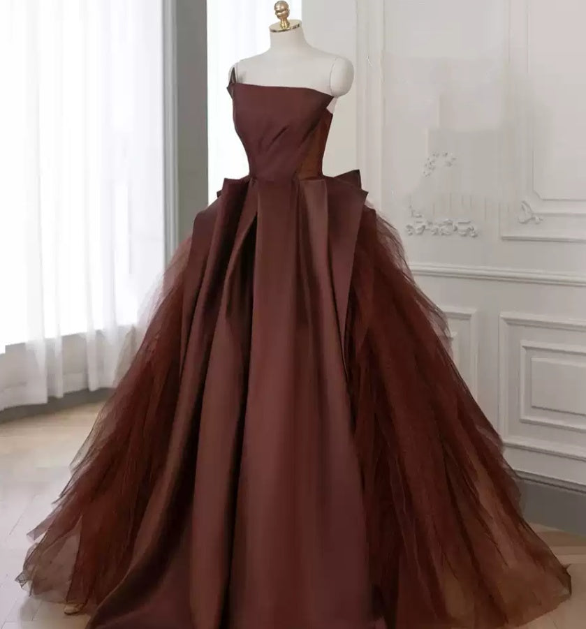 Classical Strapless Brown Prom Dress Satin Tulle A-Line Evening Dress C9004