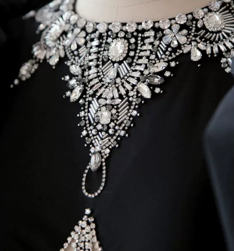Romantic Beading Black Prom Dress Short Sleeve A-Line Evening Dress C9005