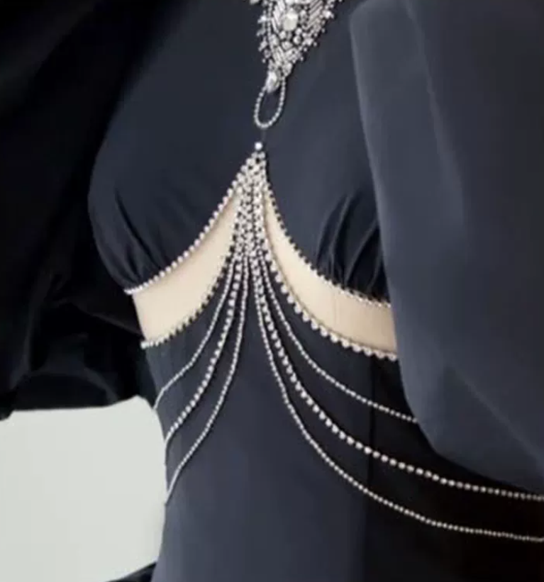 Romantic Beading Black Prom Dress Short Sleeve A-Line Evening Dress C9005