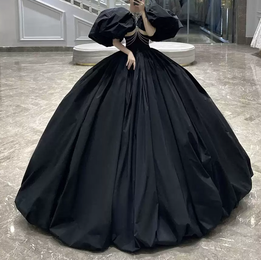Romantic Beading Black Prom Dress Short Sleeve A-Line Evening Dress C9005