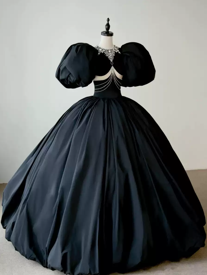 Romantic Beading Black Prom Dress Short Sleeve A-Line Evening Dress C9005