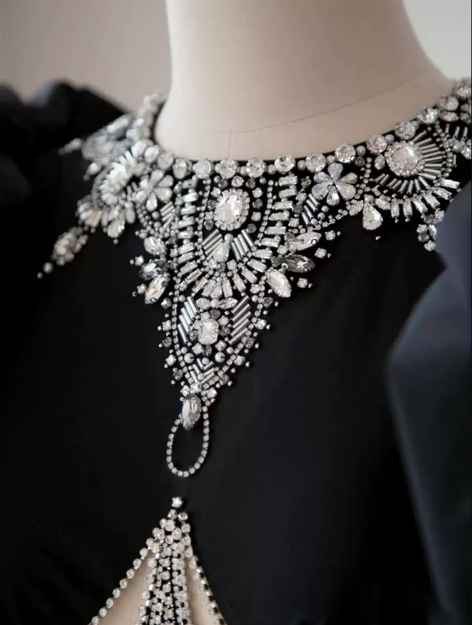 Romantic Beading Black Prom Dress Short Sleeve A-Line Evening Dress C9005