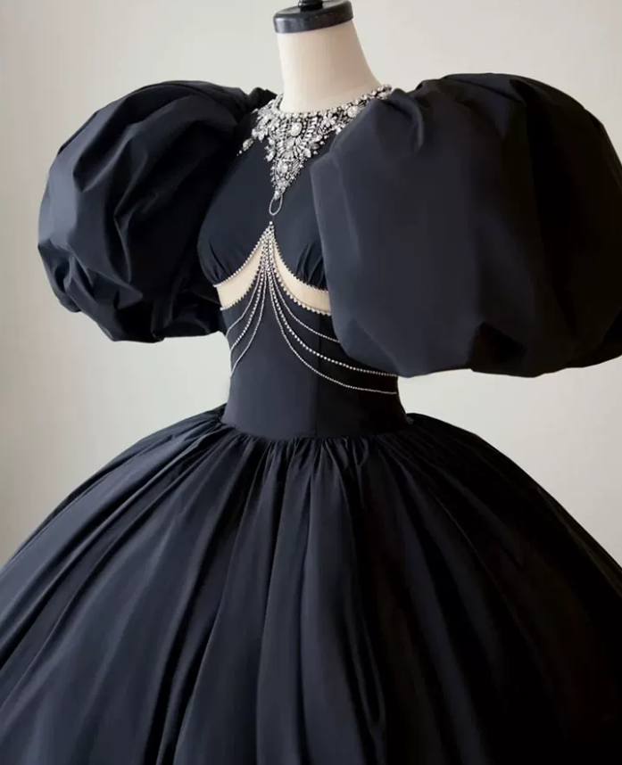 Romantic Beading Black Prom Dress Short Sleeve A-Line Evening Dress C9005