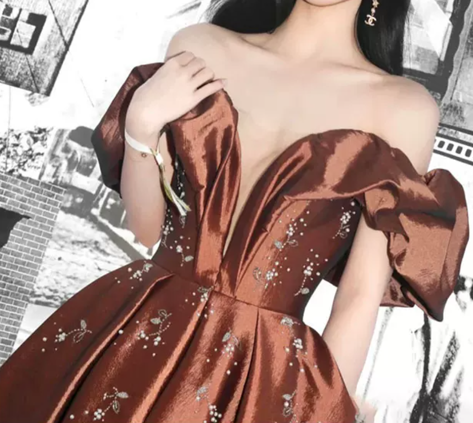 Popular Off-Shoulder Brown Prom Dress Satin Beads A-Line Evening Dress C9006