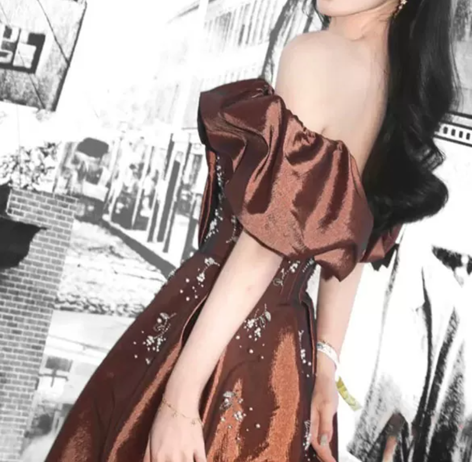 Popular Off-Shoulder Brown Prom Dress Satin Beads A-Line Evening Dress C9006