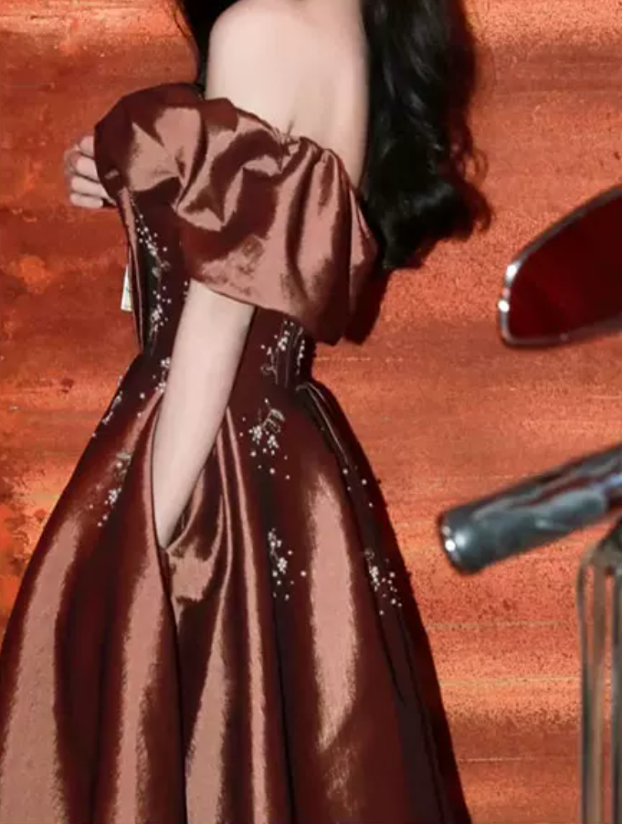 Popular Off-Shoulder Brown Prom Dress Satin Beads A-Line Evening Dress C9006