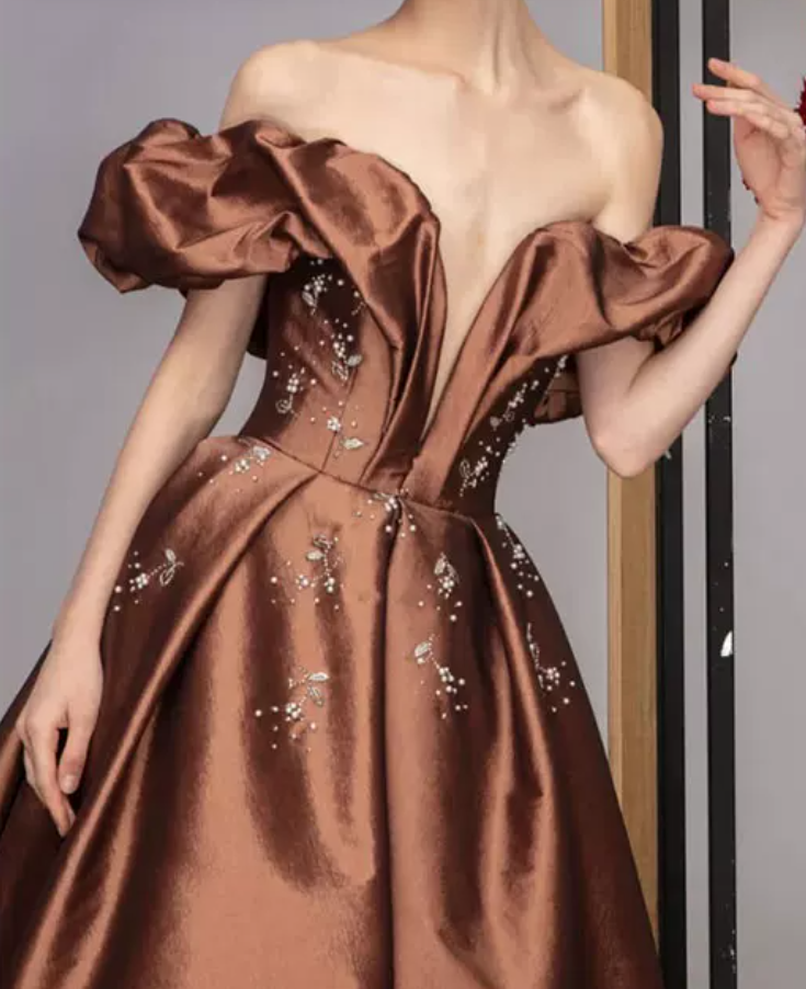 Popular Off-Shoulder Brown Prom Dress Satin Beads A-Line Evening Dress C9006