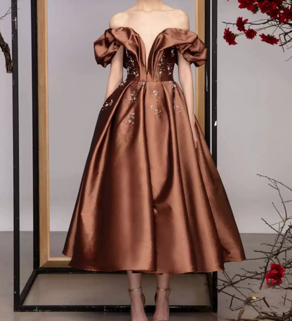 Popular Off-Shoulder Brown Prom Dress Satin Beads A-Line Evening Dress C9006