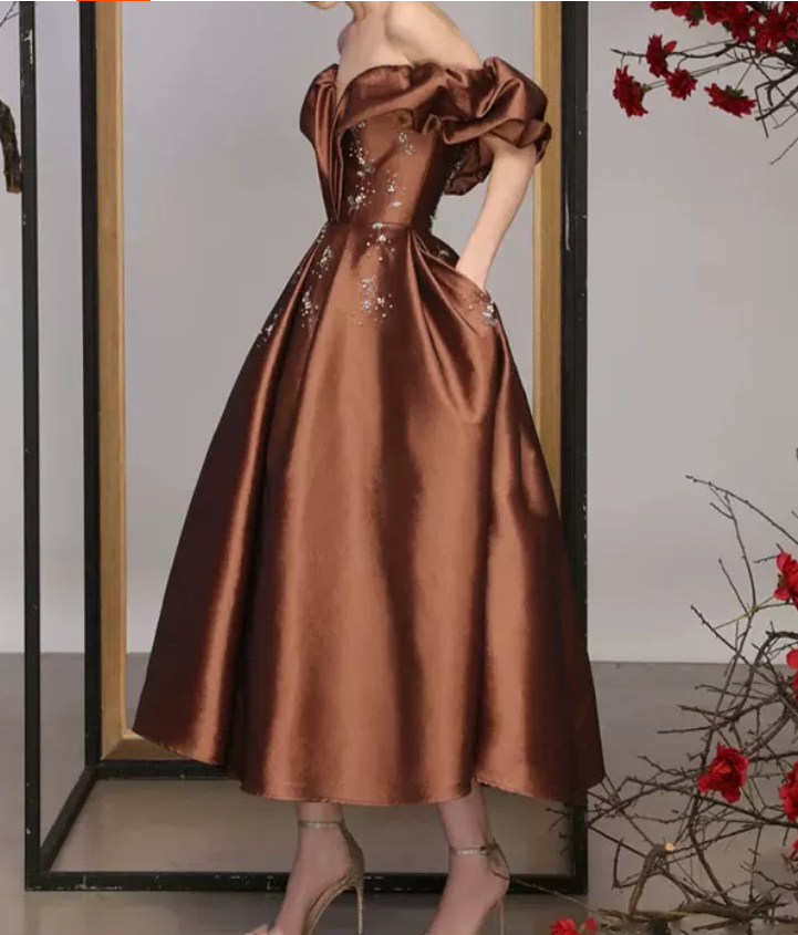 Popular Off-Shoulder Brown Prom Dress Satin Beads A-Line Evening Dress C9006