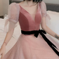 Trendy V Neck Bows Pink Prom Dress Short Sleeve Dots Tulle A-Line Evening Dress C9008