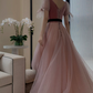 Trendy V Neck Bows Pink Prom Dress Short Sleeve Dots Tulle A-Line Evening Dress C9008