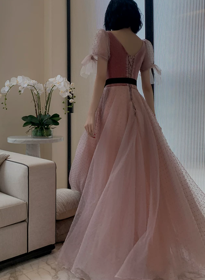 Trendy V Neck Bows Pink Prom Dress Short Sleeve Dots Tulle A-Line Evening Dress C9008