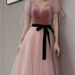 Trendy V Neck Bows Pink Prom Dress Short Sleeve Dots Tulle A-Line Evening Dress C9008