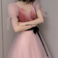 Trendy V Neck Bows Pink Prom Dress Short Sleeve Dots Tulle A-Line Evening Dress C9008